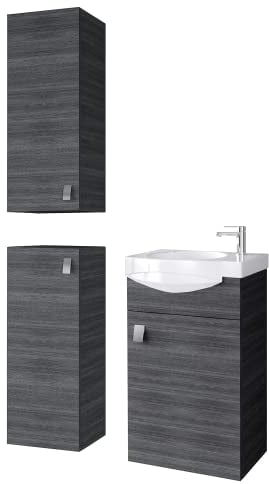 Planetmöbel Badmöbel Set Waschtisch mit Unterschrank 40 x 60 x 29 cm mit 2X Midischrank 32 x 75 x 23 cm für Badezimmer, Gäste WC & Bad, Anthrazit