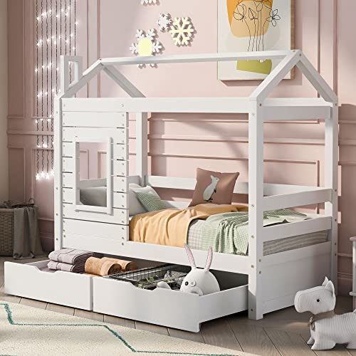 ZYLOYAL10 Hausbett Kinderbett Jugendbett 160x80 mit Rausfallschutz,vielseitiges Holz Kinderbett für Jungen & Mädchen,Massivholz Kinder Bett mit Rausfallschutz Fenster und Lattenrost, Weiß