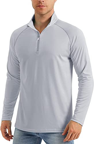 MAGCOMSEN Men's Long Sleeve T Shirts Quarter Zip Golf Polo Shirts Gym T Shirts Rash Vest Sun Protection UPF 50+ Light Grey, XL