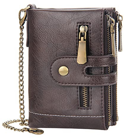 HelloCreate Portafoglio da uomo con catena anti-smarrimento, in pelle PU, con doppia cerniera e tasca per monete, Caff, M, alla moda
