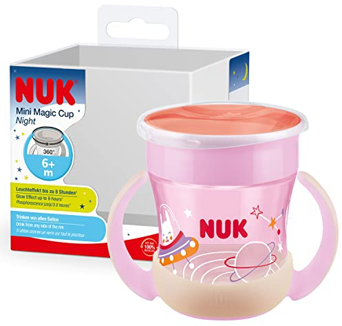 NUK Mini Magic Cup Silicone Drinking Cup with Luminous Effect 6+ Months 160 ml Leak-Proof 360° Drinking Rim Ergonomic Handles BPA-Free Rabbit (Pink) 10255666