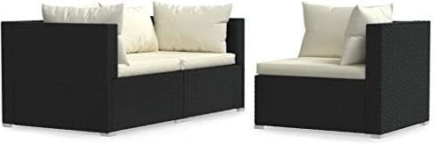 vidaXL 3-tlg. Garten-Lounge-Set mit Auflagen Schwarz Poly Rattan