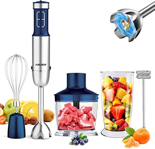JQTOP Immersion Blender Handheld Hand Blender, 800W Hand Mixer Stick, 5-in-1, 12 Speed BPA-Free Stick Blender 304 Stainless Steel, Chopper, Whisk, Milk Frother, Beaker, Smoothies, Milkshake