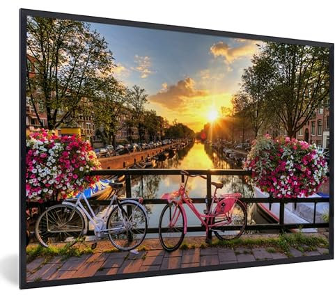 MuchoWow Poster Bilder Wanddeko Deko Wohnzimmer 90x60 cm Amsterdam - Blumen - Brücke - Fahrrad - Sonnenuntergang