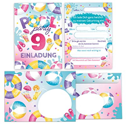 Junapack 12 Einladungskarten incl. 12 Umschläge zum 9. Kindergeburtstag Schwimmbad Einladungen neunte Geburtstag Mädchen Pool-Party