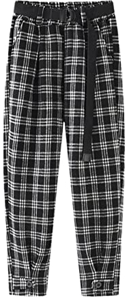 Disimlarl Plaid Cargo Pants Elastische Hohe Taille Harem Lose Koreanische Sweetpants Casual Damen Hose, Schwarz (ohne Gürtel)., L