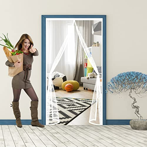 Magnet Wärmeschutzvorhang 105 x 210 cm HäNde Frei Ohne Bohren, Nicht Kürzbar Wärmeschutzvorhang Magnetisch Klettband, Klebemontage Ohne Bohren für Balkontür Wohnzimmer, Weiß
