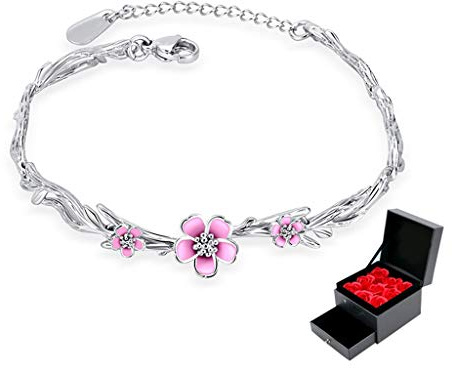 Armband für Damen, Damen-Armband aus 925er-Sterlingsilber, rosa Sakura-Schmuckkollektion, Glücksring, verstellbare Schmuckgeschenke (Rosen-Geschenkbox), Armband-Schmuck (Farbe: Grau)