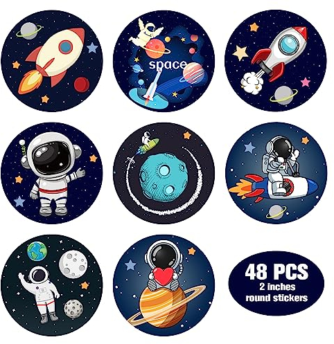 Sumerk 48 Stück Astronaut Planets Space Sticker Space Scrapbook Aufkleber Happy Birthday Party Favors Sticker für Kinder Guest Book Photo Album Gift Bags Candy Boxes (8 Designs)