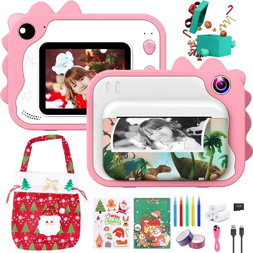 Kinderkamera, 2,4 Zoll Bildschirm 1080P HD Digitalkamera Fotoapparat Kinder mit 32GB Karte,3 Druckpapier, 5 Farben Stift, Weihnachts-Box, Kinderspielzeugab 3 Jahre, Kinder Rosa