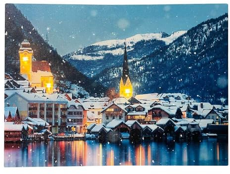 LED Bild Weihnachten Winterlandschaft Stadt am See Leinwand Wandbild 28x38cm
