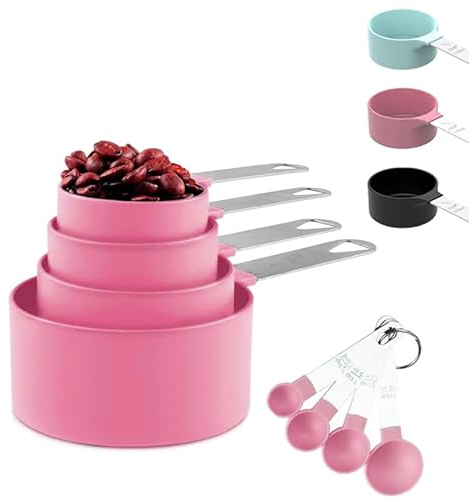 Misurini e Tazze Accessori Cucina Set di 8 Cucchiai Dosatori 4 Tazze di Misura + 4 Cucchiai Dosatori con Manico in Acciaio Inossidabile,Set Cucchiai Dosatori,misurini riutilizzabili - Rosa