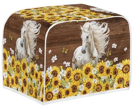 Kuiaobaty White Horse 2 Slice Toaster Cover, Yellow Sunflowers Bread Maker Cover Dustproof Caps for Two Slice Toaster Kitchen Appliance