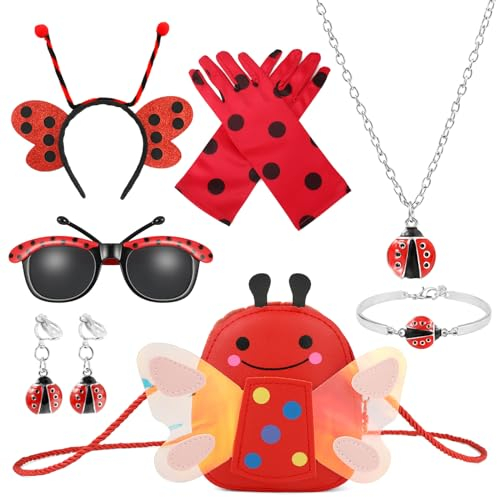 BTHRORO Disfraz de Mariquita para Niña, Ladybug Bolsa Guantes Collares Pendientes Pulseras Gafas Traje de Mariquita para Niña Deluxe Juguetes De Rol Disfraces Halloween Carnaval