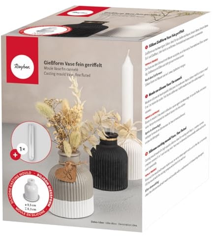 Rayher Silikon Gießform Vase fein geriffelt, Boden 8,3 cm ø, Höhe 9,5 cm, mit Reagenzglas, zum Ausgießen mit Kreativ-Beton, Resin Gießharz, Raysin-Gießpulver, 36153000