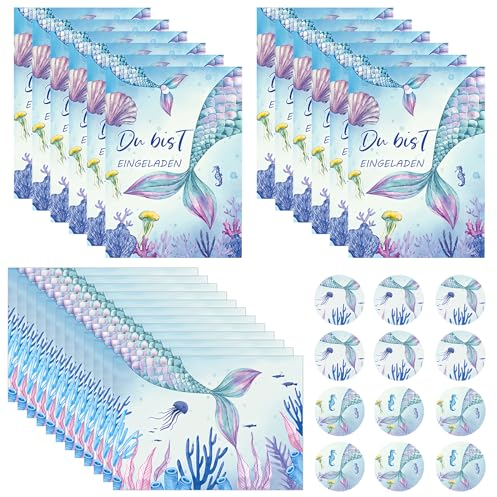 Fodlon 12x Süße Karten Set mit Meerjungfrau Motiv, Einladungskarten mit Buntem Meerjungfrauen mit Umschlag, Einladung Geburtstag Meerjungfrau 16x11CM, für Geburtstagseinladungen Kinder