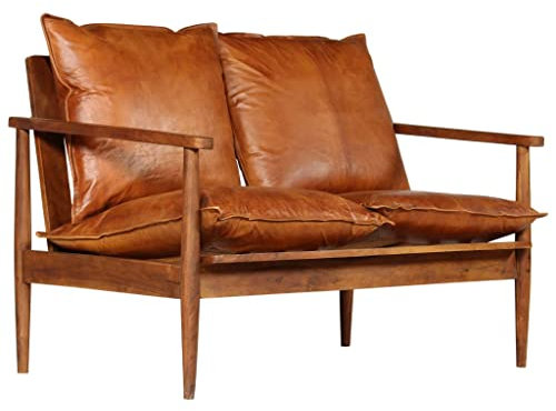 KTHLBRH 2-Sitzer-Sofa Echtleder Akazienholz Braun Wohnzimmersofa Büro-Sofa Schlafzimmersofa Lounge-Sofa fürs Wohnzimmer,Schlafzimmer,Gästezimmer