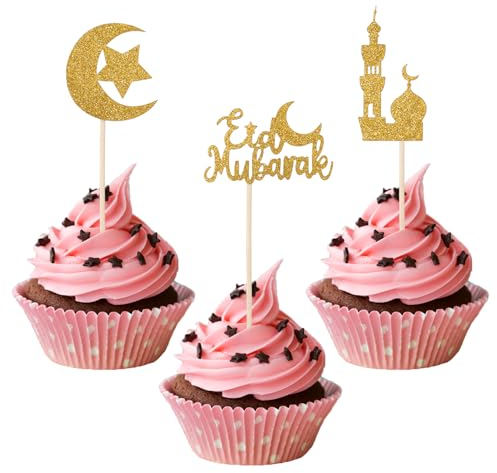 24St Eid Mubarak Cake Topper, Glitzergold Cupcake Topper Ramadan Mondstern Kuchenaufsatz Eid Cupcake Picks Eid Mubarak Dekorationen für Islamische Muslimische Mottoparty