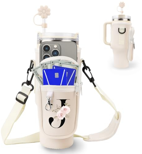 Initial Personalized Water Bottle Bag for Stanley 40oz Tumbler,with Phone Pocket,Neoprene Water Bottle Carrier with Adjustable Strap and Straw Cover & Carabiner,for Stanley Cup Accessories (J)