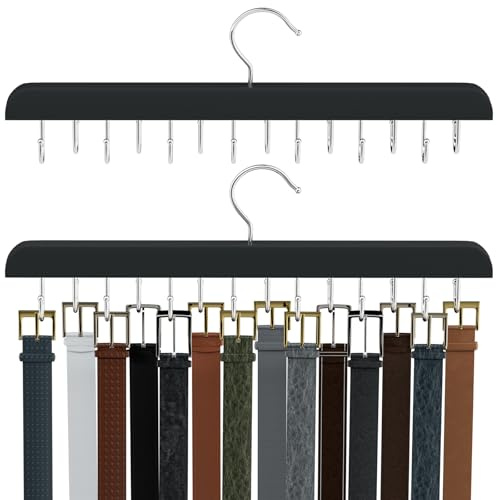 DIRXVMC Gürtelaufhänger für Schrank, max. 42 Gürtel, Gürtel-Organizer, Schrankzubehör mit 14 Haken, Gürtelablage, stabiles Holz, für Schrank-Organizer und Aufbewahrung