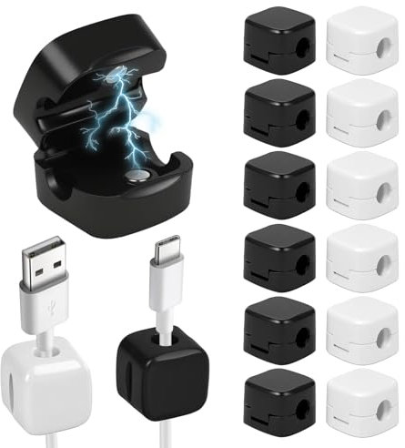 MOSTFUN 12 Pcs Magnetic Cable Holder, Cord Organizer Holder Cable Clips Management Hide Phone Charging Cable Keeper Cable Organiser Cables Keeper for Charging Cable Home Office 6 Black 6 White