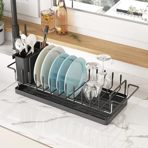 COVAODQ Small Dish Drainer, Over Sink Dish Rack,Expandable Dish Drainer Rack,With Silicone Dish Drying Mat(35cm to 45cmD*11.5cm W*8cm H -Black)