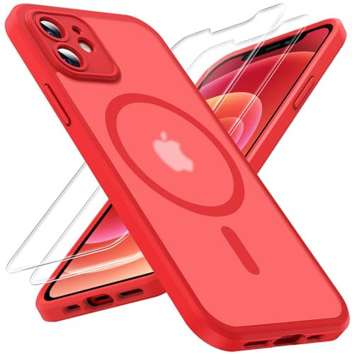 TOCOL Coque Magnétique pour iPhone 12 6,1 Pouces, Compatible avec MagSafe, Protection de l'objectif améliorée, Coque Mat Translucide Fine Antichoc, Rouge