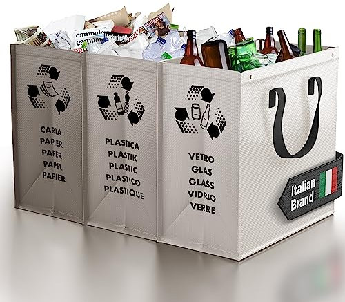 PTMS® Sac tri selectif - Poubelle tri selectif 3 bac pour Le Verre, Le Papier et Le Plastique en Gris élégant - Déchets et Recyclage Poubelle de tri des déchets - Poubelle Recyclage Facile à Vider