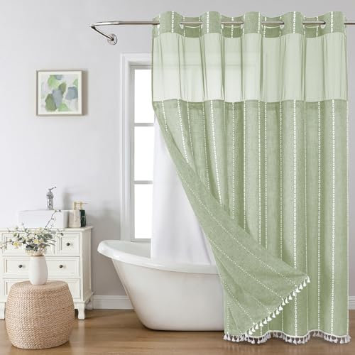 eachope Ensemble de rideau de douche long sans crochet avec doublure en tissu à clipser, tissu ultra épais en lin avec glands, style bohème chic, moderne, rustique et neutre pour salle de bain, vert