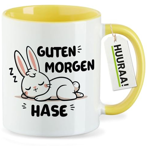 Huuraa Kaffeetasse Guten Morgen Hase Geschenk | Motivtasse 330ml Gelb Keramik Tasse mit Spruch Kaffeebecher Geschenkidee Becher mit Motiv