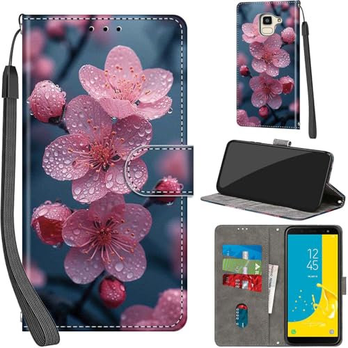Coque pour Samsung Galaxy J6 2018 Cover [Housse en Cuir PU Premium] [Etui à Rabat] [Pochette de Portefeuille], Étui de Protection pour Samsung J6 2018,Fleurs