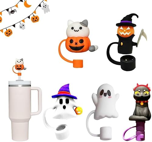 Halloween Silicone Straw Covers Cap for Stanley Cup, Halloween-Strohhalmaufsätze, Dust-Proof Drinking Straw Reusable Straw Tips Lids, Strohhalmhülle Kürbisgeist (5PCS)