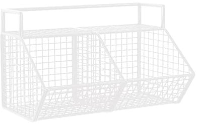 Gzsekken Wall-Mounted Hanging Kitchen Storage Baskets,Metal Wire Baskets with 2 Sections Wall Organiser for Cupboards,No Drilling Adhesive Storage Vegetable Rack for Shower Kitchen,White