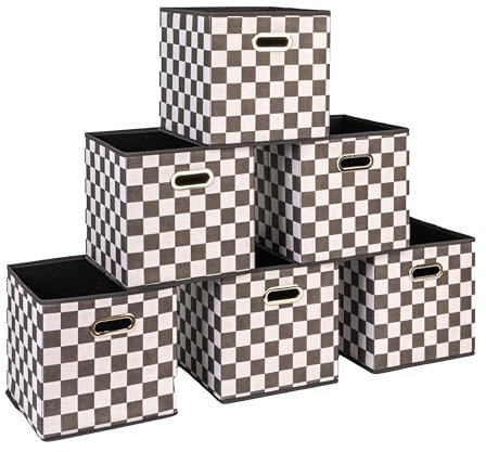 Household Essentials Fabric Storage Cube Bins, 6 Piece Set, Strong Poly-Woven Fabric, Chipboard Sides, Grommet Front Handle, Stackable and Foldable, Classic Design, White and Black Checkerboard