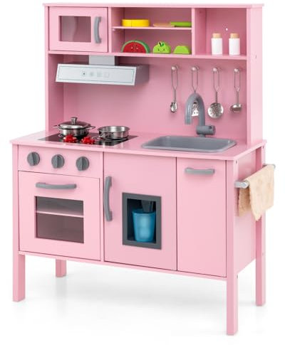 COSTWAY Kids Wooden Kitchen, Pretend Play Kitchen with Sound, Microwave, Oven, Ice Maker, Range Hood, Sink & 18 Accessories, Children Chef Role Playset for Boys Girls Ages 3+ (Pink)