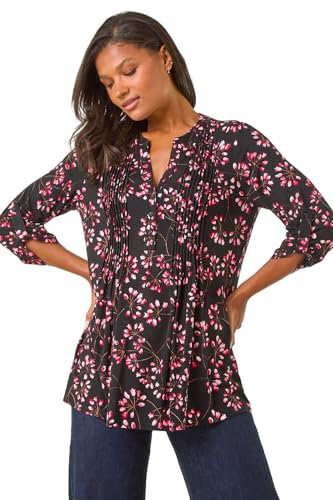 Roman Originals Pintuck Shirt for Women Ladies Jersey Blouse Collarless Top Flare Crinkle Notch Neck Tunic 3/4 Length Sleeve Longline Smart Casual Party Going Out - Pink Noir - Size 12