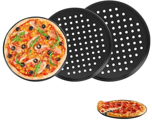 Juego de 3 placas de pizza perforadas redondas, placas para pizza de acero antiadherentes de carbono, placa de pizza – 24/28/32 cm, placa de pizza horno de alta temperatura 428°F, utilizado para