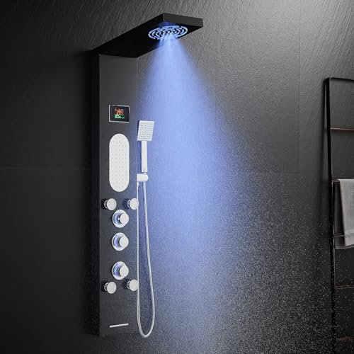 KINKIBOS Panneau de douche avec robinet, panneau de douche 6 fonctions avec affichage LED de la température, douche à effet pluie, douche à brouillard, 2 modes de jets de massage, douchette à main et