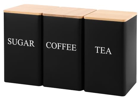 ASelected 3PCS Tea Coffee Sugar Canisters, 1L Metal Canister Storage Jar Container Set With Airtight Bamboo Lid and Name Marker, Storage Canisters Food Storage Tin for Kitchen Food Storage