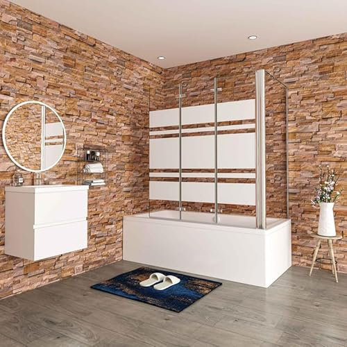 Aica Sanitär Badewannenaufsatz Eck Duschwand Badewanne 3-tlg.Faltwand mit Seitewand 6mm Nano Glas,H140cm,140x70cm,Verchromt Rahmens,Streifenglas