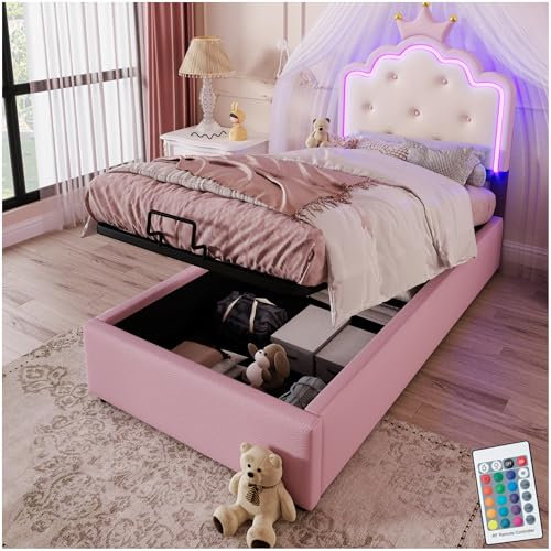 Seyakany Lit Coffre 90x200 avec LED,avec Espace de Stockage,lit Enfant 90x200,Cadre de lit 90 x 200 avec sommier à Lattes,PU,Rose(sans Matelas)