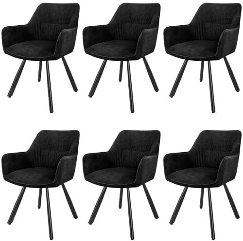 LEWE Esszimmerstühle 6er Set Drehbar, 180° Drehstuhl, Ergonomisch Polsterstuhl, Küchenstühle mit Armlehne, Metallbeine, Kurzflor-Stoff für Esszimmer Wohnzimmer Schlafzimmer, Schwarz