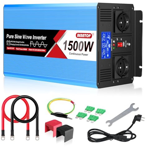 BENNTOP 1500W/3000W Convertisseur 12v 220v Pur Sinus Onduleur avec UPS & Charge Function Intégré 30A, Affichage LCD, 2 Prise EU &1 Port USB pour Voiture,Caravane, Bateau, Camping
