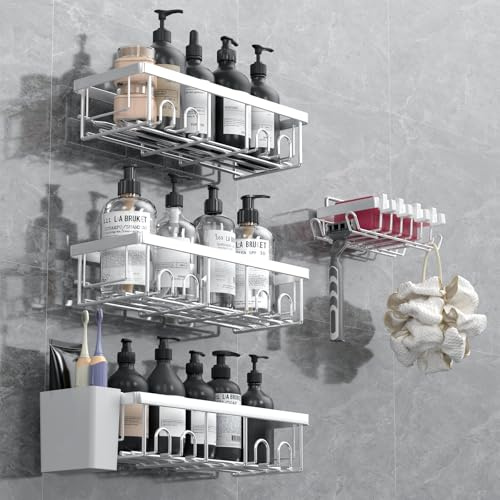 AceMining Duschablage Ohne Bohren, 4 Pcs Silber Kohlenstoffstahl Duschregal | shampoo halterung für dusche: 201er Edelstahl, starke Klebepads und Zusatzhaken; Flaschen und Rasierer bleiben griffbereit.