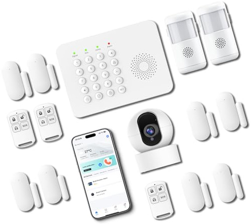 PGST Système d'alarme Domestique sans Fil avec caméra PTZ HD, 8 capteurs de Porte, 2 détecteurs de Mouvement, télécommande, Compatible avec Alexa, sans Frais mensuels