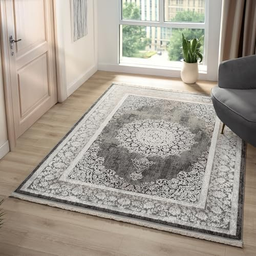 VIMODA Teppich Kurzflor Moderner Teppich mit Ornament-Muster – Pflegeleicht & Robust – Für Fußbodenheizung geeignet,Farbe:Grau;Maße:200x290 cm