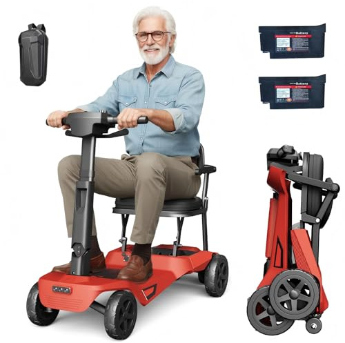 MediHoist Mobility Scooter for Seniors & Adults with Removable Dual-Battery 40 km Range, Folding Mobility Scooter 18 kg Lightweight, Red YL-985S