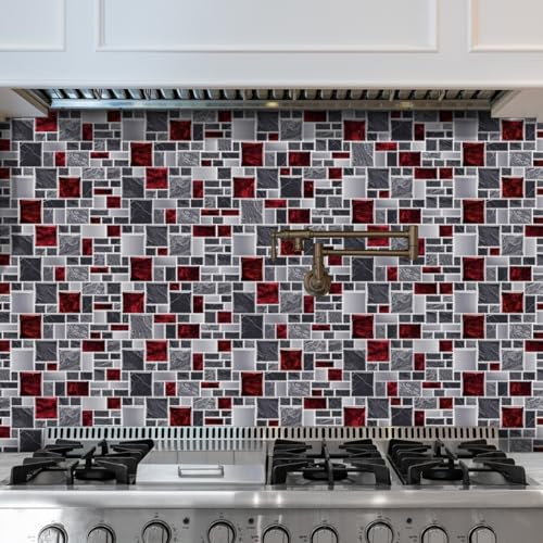 Klebefliesen Rotgrauer Marmor Mosaikfliesen Pvc Fliesenaufkleber Boden Langlebig Klebefliesen Küche Bad Fliesensticker Wasserdicht Fliesenaufkleber Selbstklebend Fliesen Folie 12x24.6cm/12 Pcs