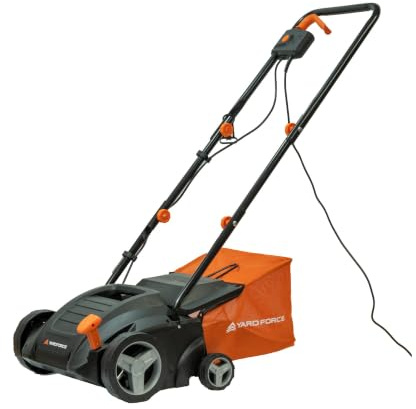 Yard Force 1500W Electric Lawn Scarifier and Aerator, 2-in-1 Moss & Thatch Remover, 32cm Working Width, 4-Stage Height Adjustment, 35L Collection Bag