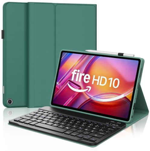 FOGARI Für Amazon Fire HD 10 2021/2023 (11th/13th Gen) Hülle Tastatur | Magnetisch Abnehmbarer Bluetooth Kabellos Dünne Tastatur und Soft TPU Tablet-Hülle für Büro/Studie/Schreiben, Nebelblau